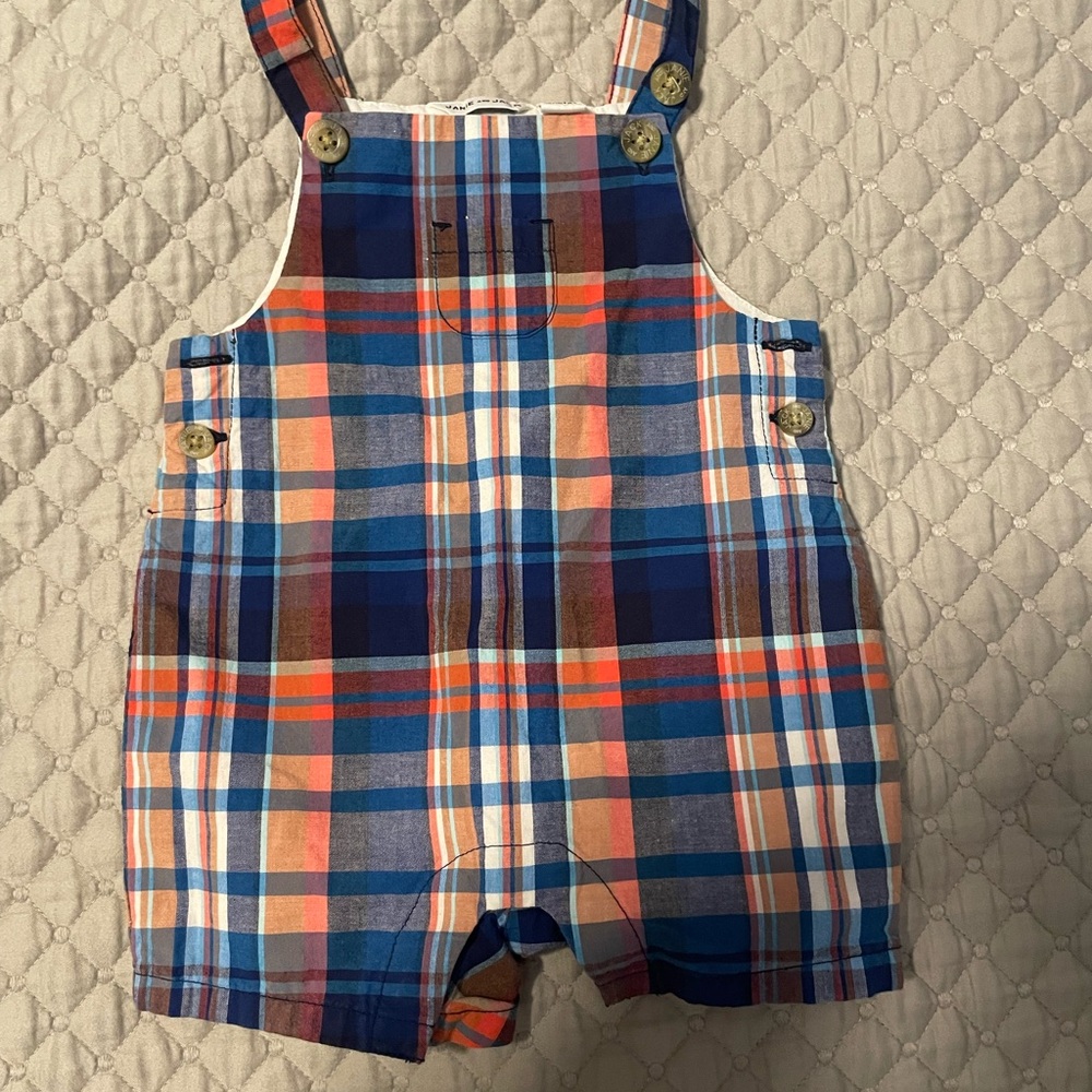 Janie and Jack Blue and Orange Plaid Overalls